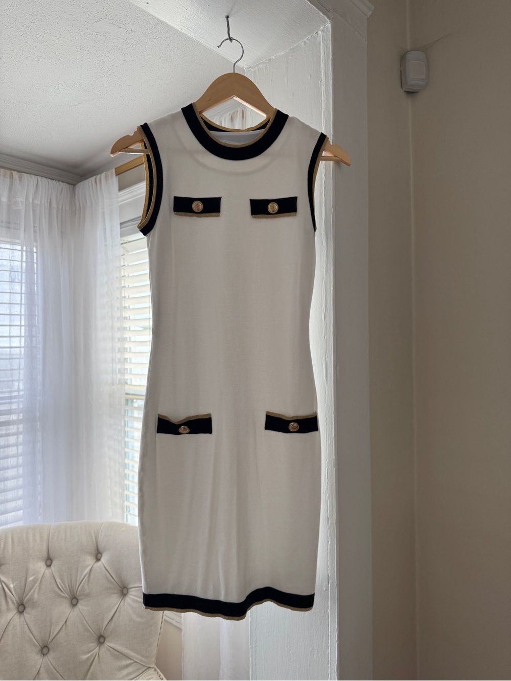 Venus Sweater Dress Size S | White Black Gold Trim | Chic Button Detail Midi